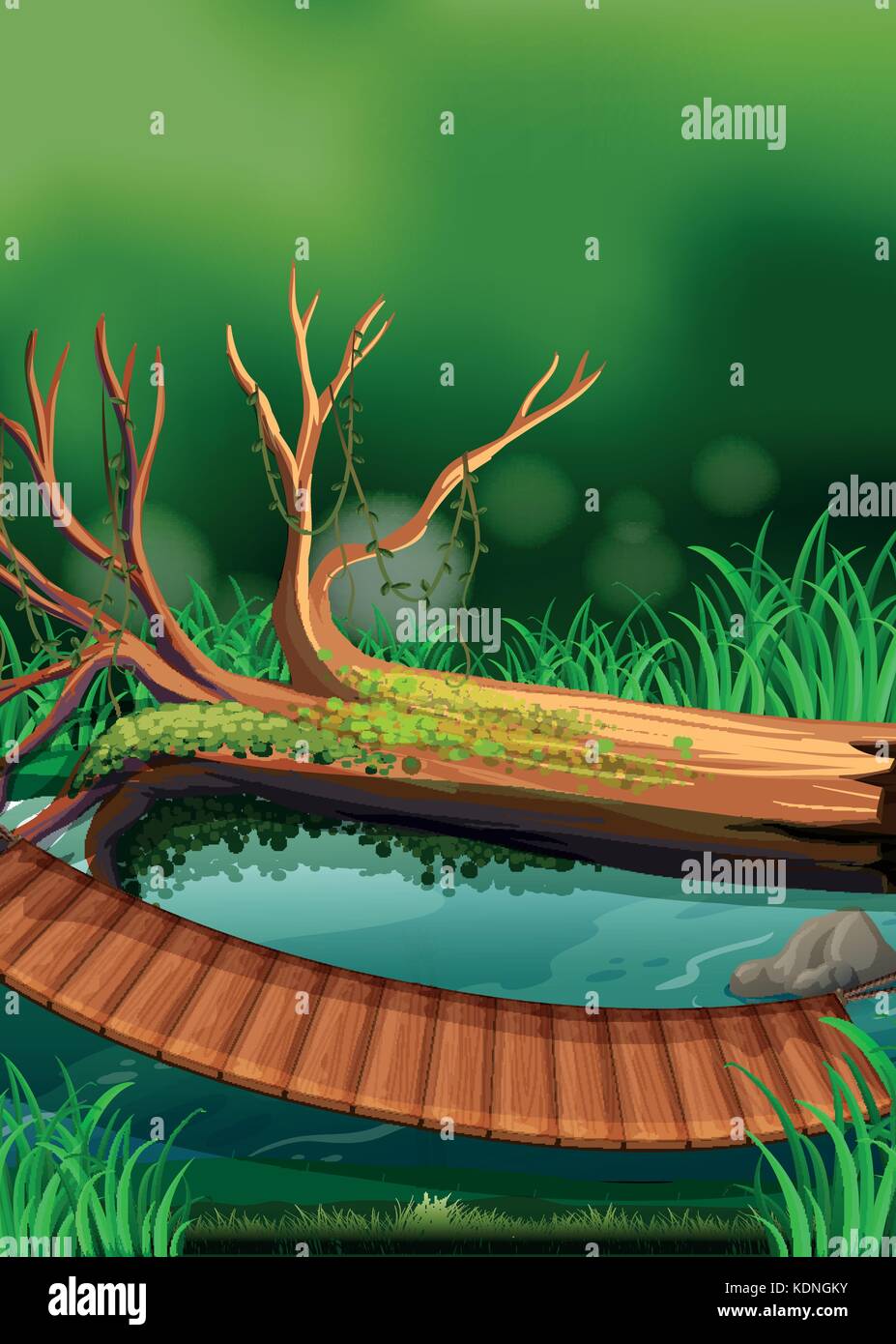 River scene with wooden bridge illustration Stock Vector Image & Art ...