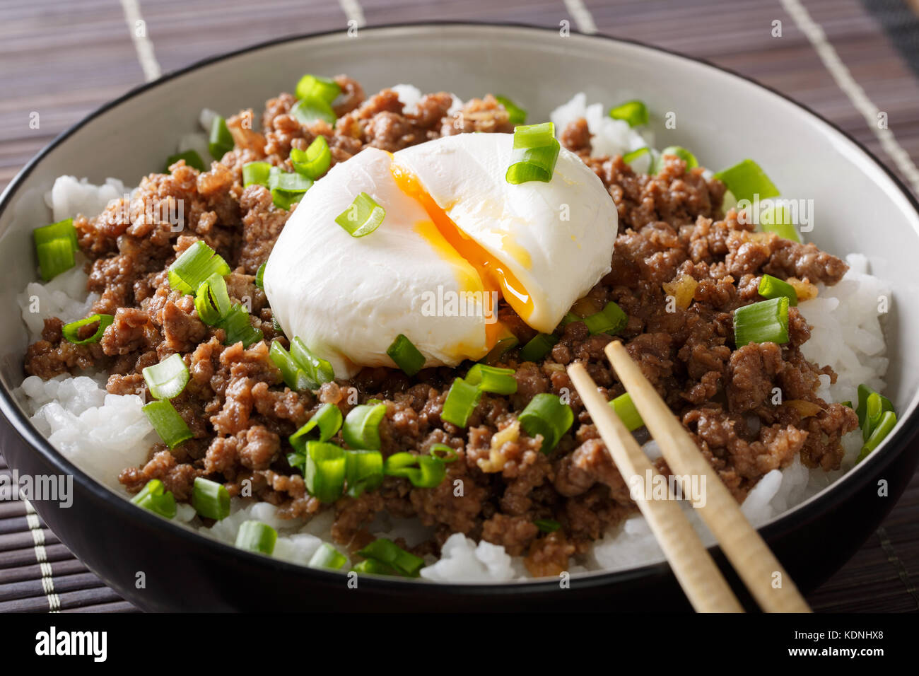 Japanese Food Beef Soboro With Egg Poached Rice And Green Onion Close Up In A Bowl On The Table Horizontal Stock Photo Alamy