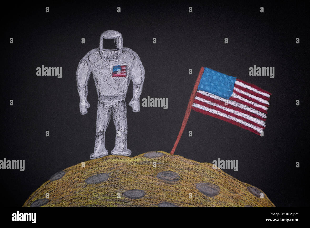 American Astronaut with American Flag on the Moon. Drawn by pencils. Stock Photo