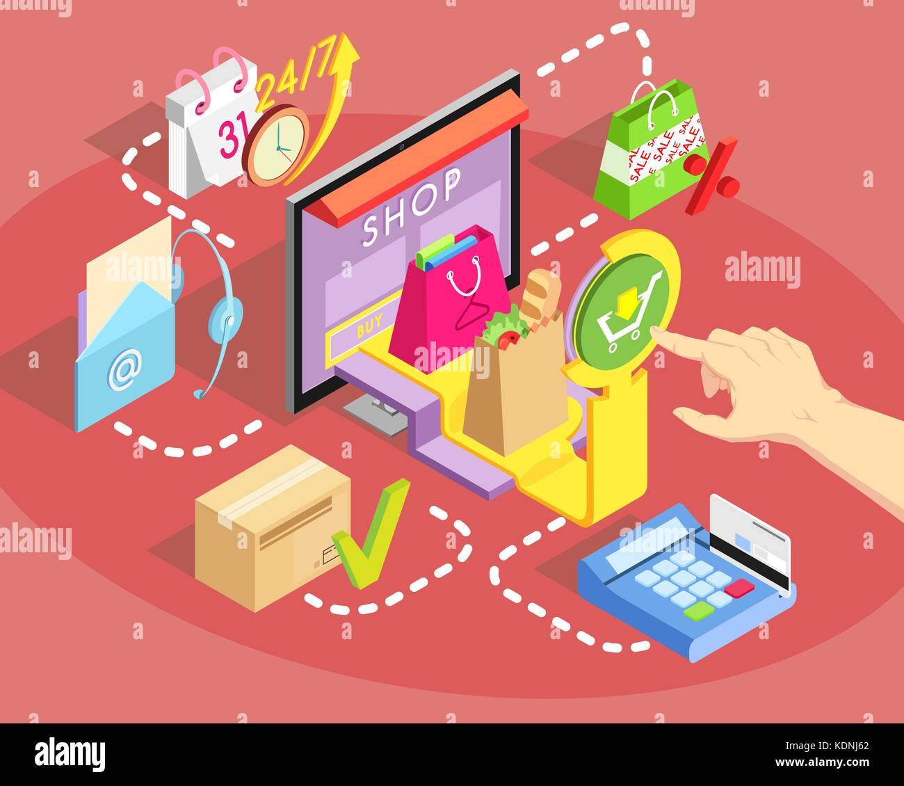 Isometric concept of online shopping. Safe shopping online with payment options. Vector
