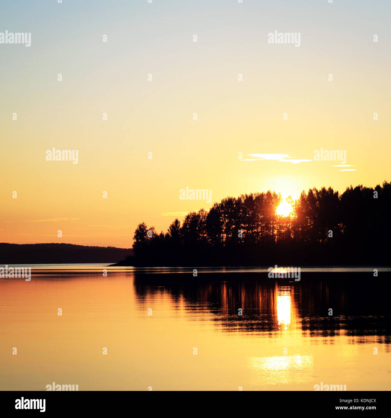 Sunset at Kenozero lake. Beautiful northern landscape. Aged photo. Wild