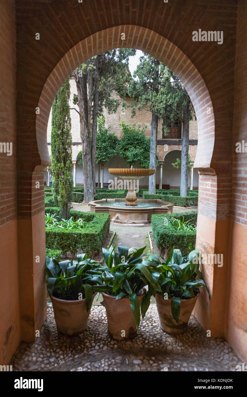 The Patio de Lindaraja, seen from the entrance to the La Sala de los Secretos, La Alhambra, Granada, Andalusia, Spain Stock Photo