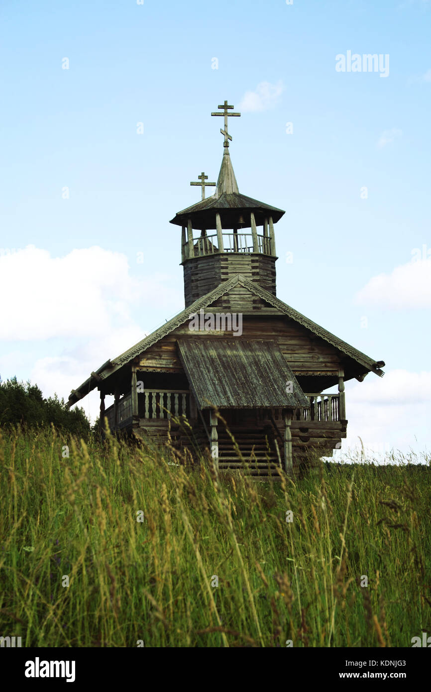 Small wooden chapel. John the Baptist Chapel in Zekhnovo Village. One of Kenozersky National Park symbols. Kenozero, Arkhangelsk region, Russia. Stock Photo