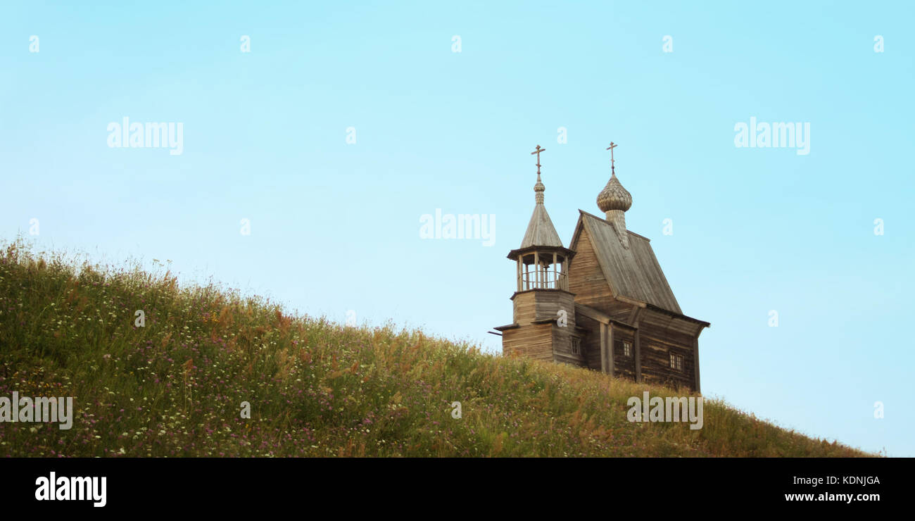 Chapel of St. Nicholas in Vershinino Village. Small wooden chapel. One of Kenozersky National Park symbols. Kenozero, Arkhangelsk region, Russia. Stock Photo