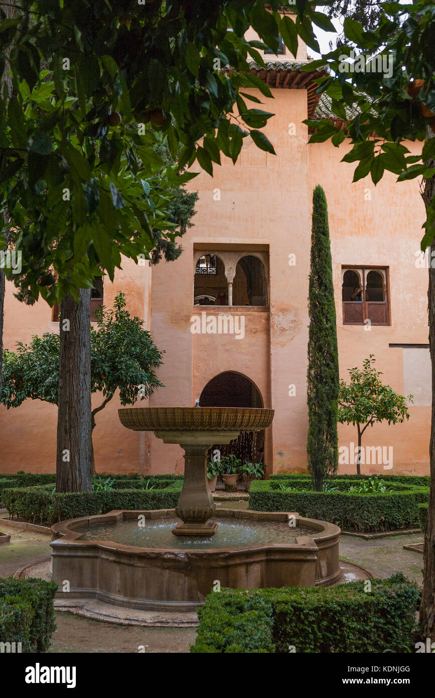 The Patio de Lindaraja, and the tower housing Daraxa's Mirador, La Alhambra, Granada, Andalusia, Spain Stock Photo