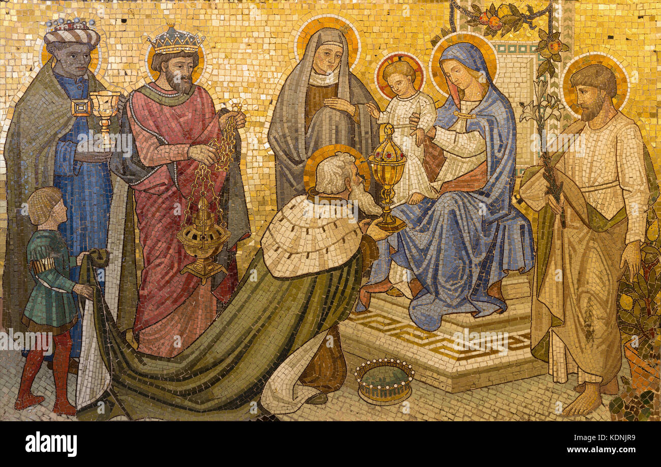 LONDON, GREAT BRITAIN - SEPTEMBER 17, 2017: The mosaic of Adoration of the Magi in church Our Lady of the Assumption form end of 19. cent. Stock Photo