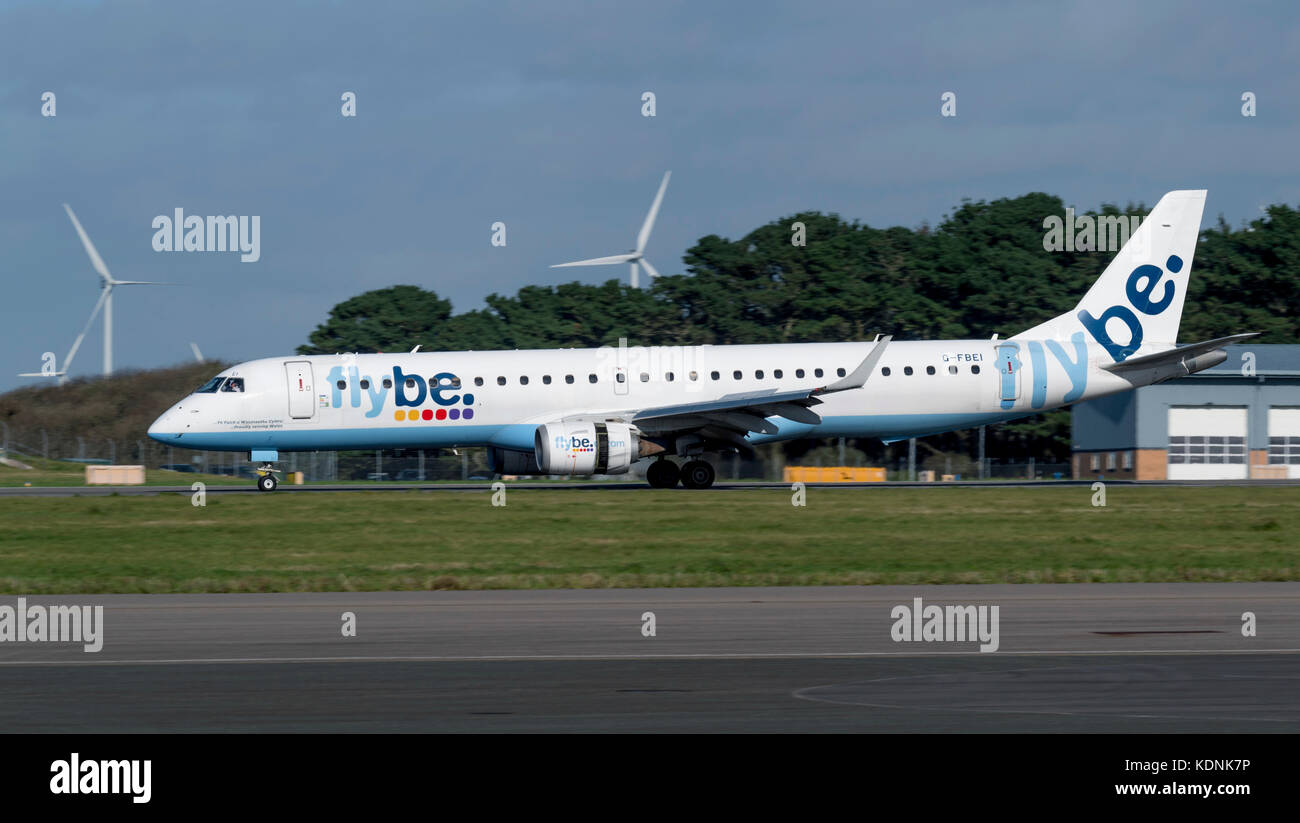 Flybe Embraer ERJ-195, G-FBEI, at Cornwall Newquay Airport, 'Proudly serving Wales' 'Yn Falch o Wasanaethu Cymru' Stock Photo