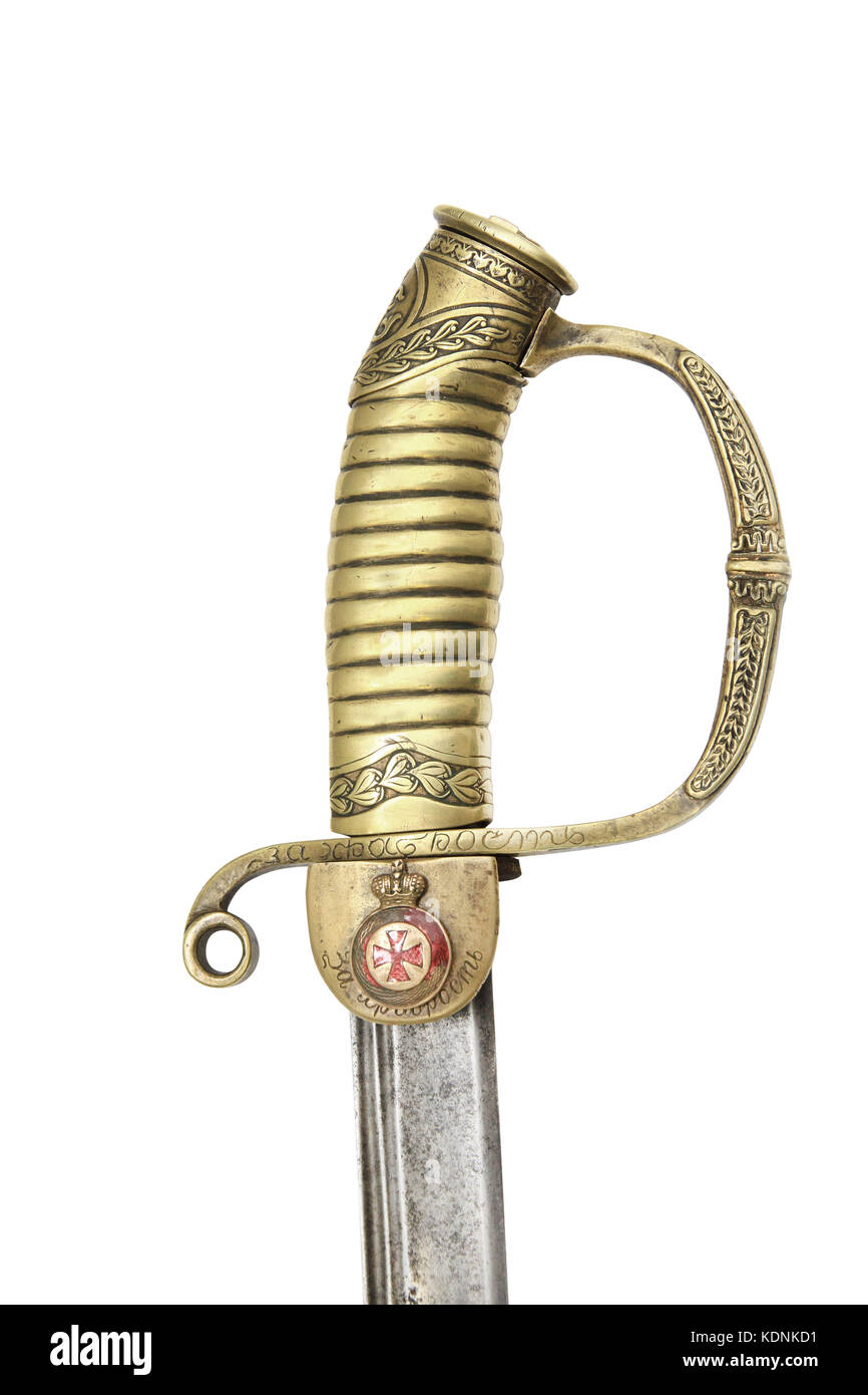 Russian officer dragoon saber (model of 1881). The Gold Sword for Bravery was a Russian Empire award for bravery. It was set up with two grades on 27  Stock Photo