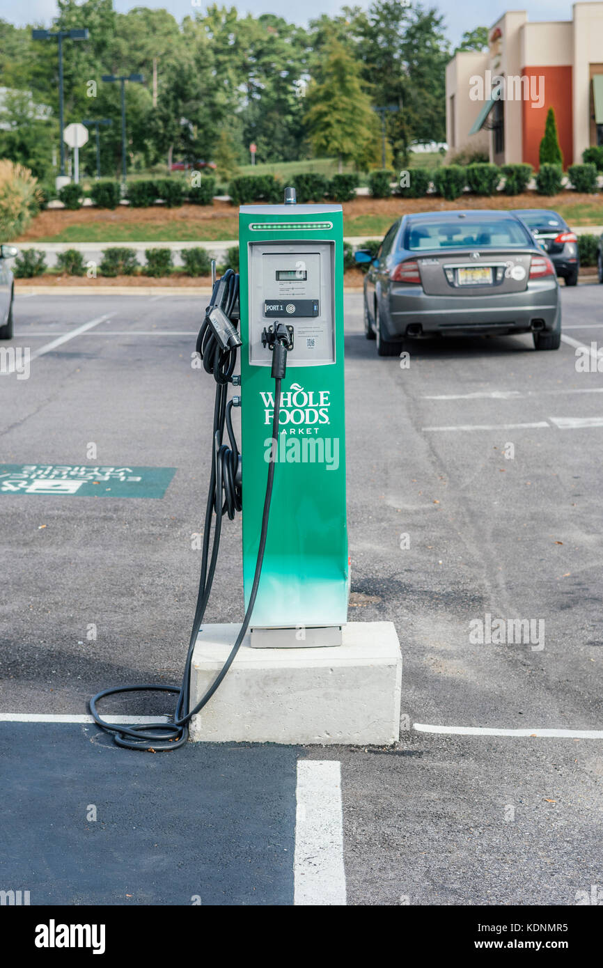 Electric vehicle charging station, Whole Foods parking lot, Montgomery, Alabama USA. Stock Photo