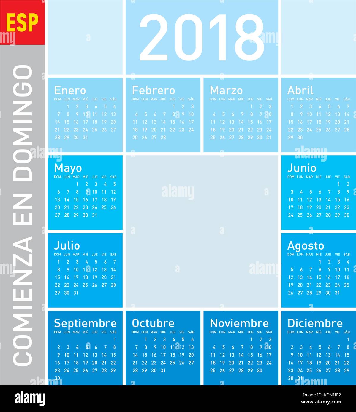 blue-calendar-for-year-2018-in-spanish-week-starts-on-sunday-stock