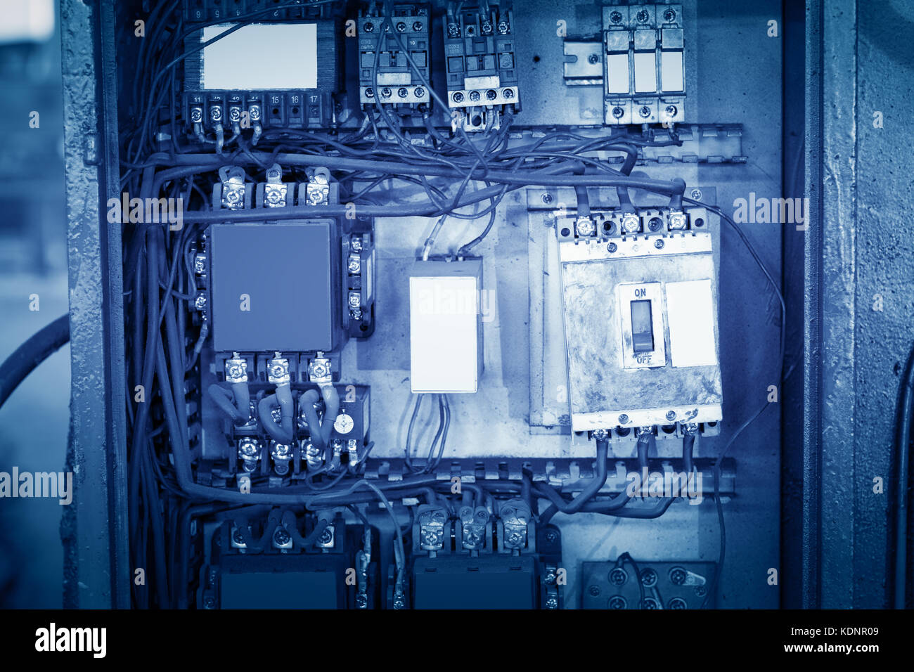 distribution box closeup, crowded lines Stock Photo