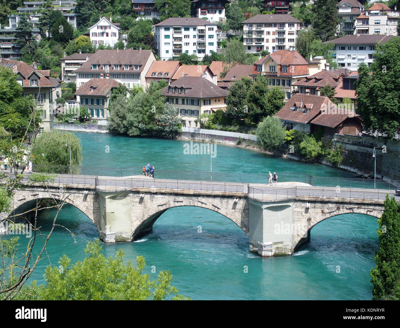 BERN BERNE, SWITZERLAND, bridge over clean alpine Aare river with clean