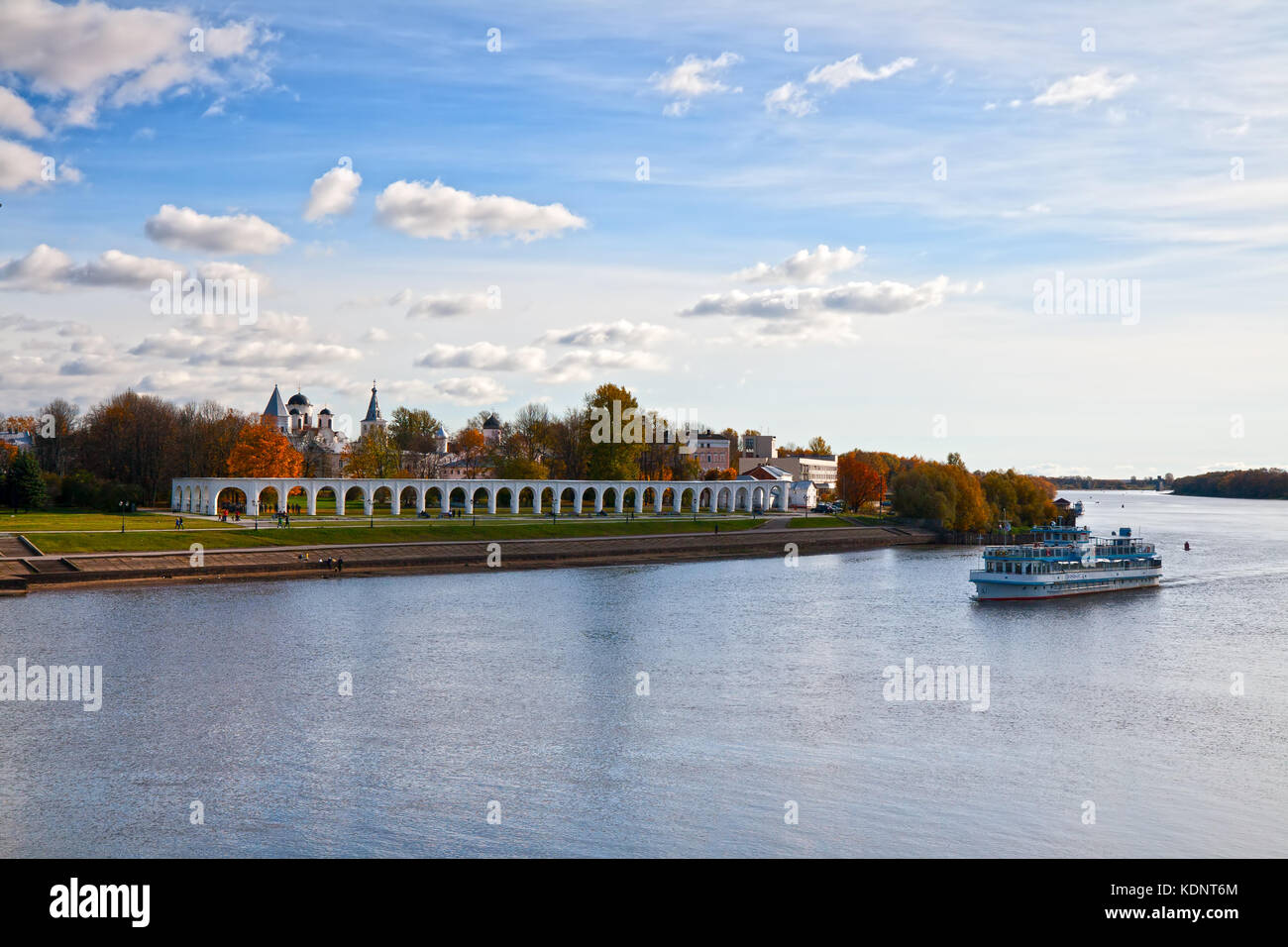 Ship sailing on the river along Yaroslav's court, Novgorod the Great, Russia Stock Photo
