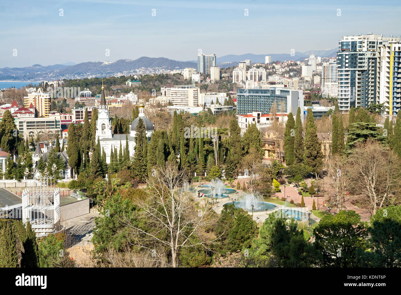 Sochi. Top view of a park with fountains, the Cathedral of the ...