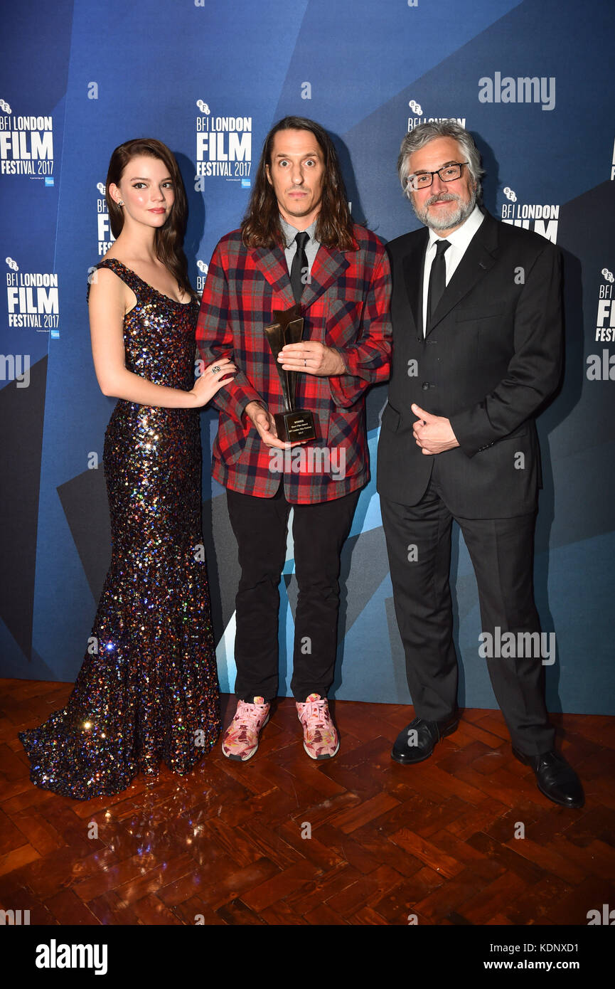 Short Film Competition Winner Patrick Bresnan (centre) pictured with Anya Taylor-Joy and Micha‘l Dudok de Wit in the press room at the Film Festival Awards, part of the BFI London Film Festival, at Banqueting House, London. PRESS ASSOCIATION Photo. Picture date: Saturday October 14th, 2017. Photo credit should read: Matt Crossick/PA Wire. Stock Photo