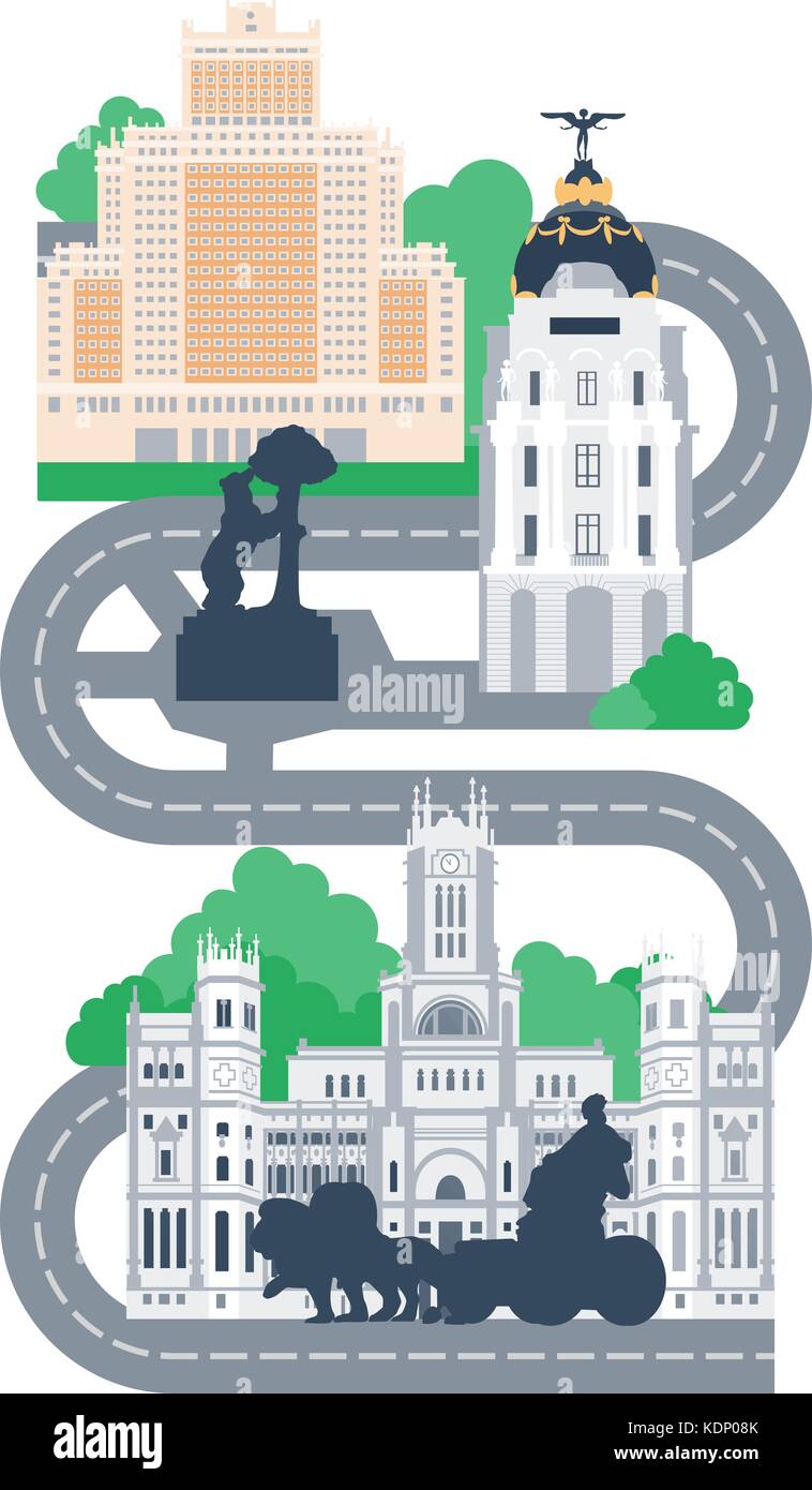 Madrid city landmarks map vector illustration.  Bear and strawberry tree, Cibeles palace, Plaza Espana and Gran Via. Stock Vector