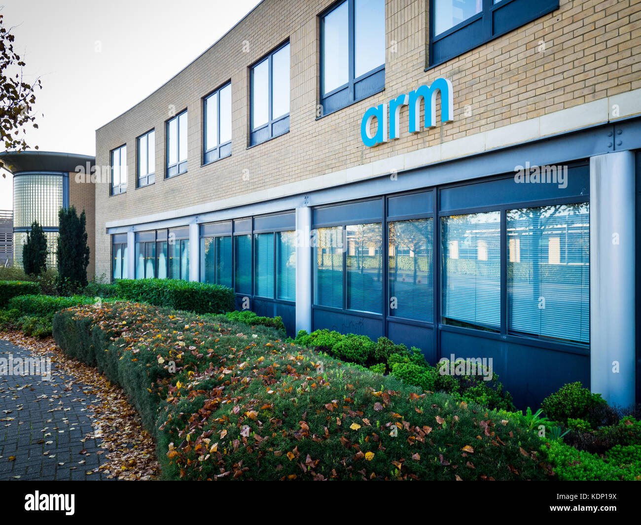 ARM Head Office Campus in Cambridge - note new 2017 design corporate logo. ARM is wholly owned subsidiary of SoftBank Group Corp. Stock Photo
