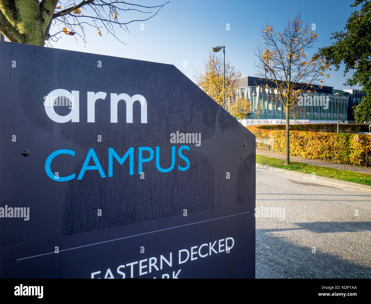 ARM Head Office Campus in Cambridge - note new 2017 design corporate logo. ARM is wholly owned subsidiary of SoftBank Group Corp. Stock Photo
