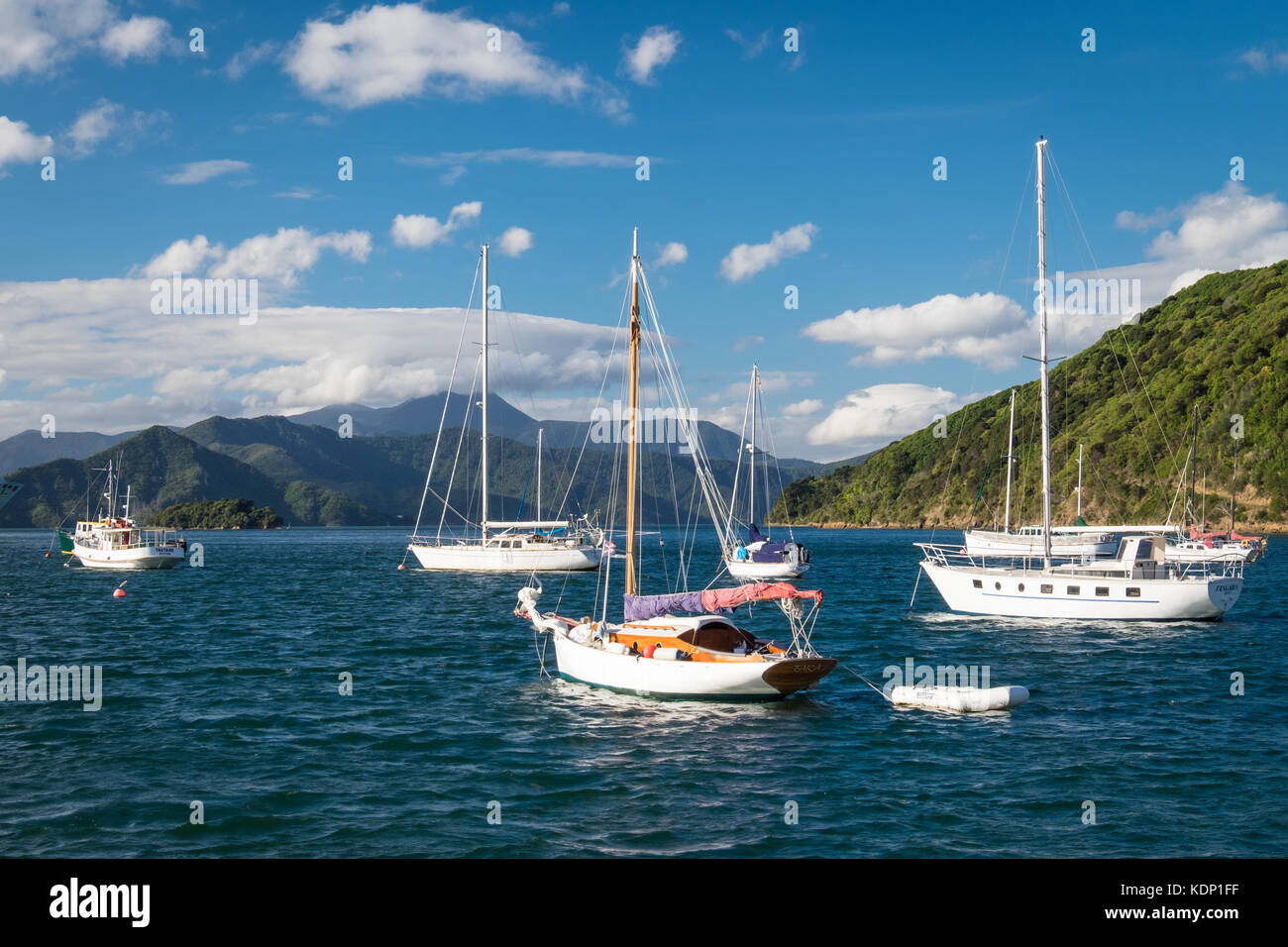 Pleasure boats moored in Picton in the Marlborough Sounds, New Zealand Stock Photo