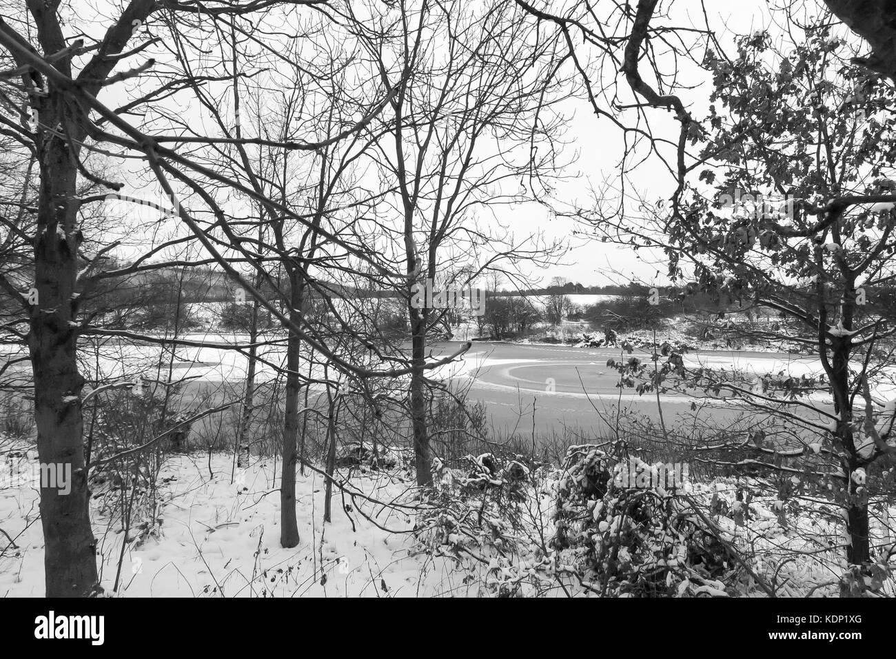 Black and white image of snowy winter scene with frozen lake Stock Photo