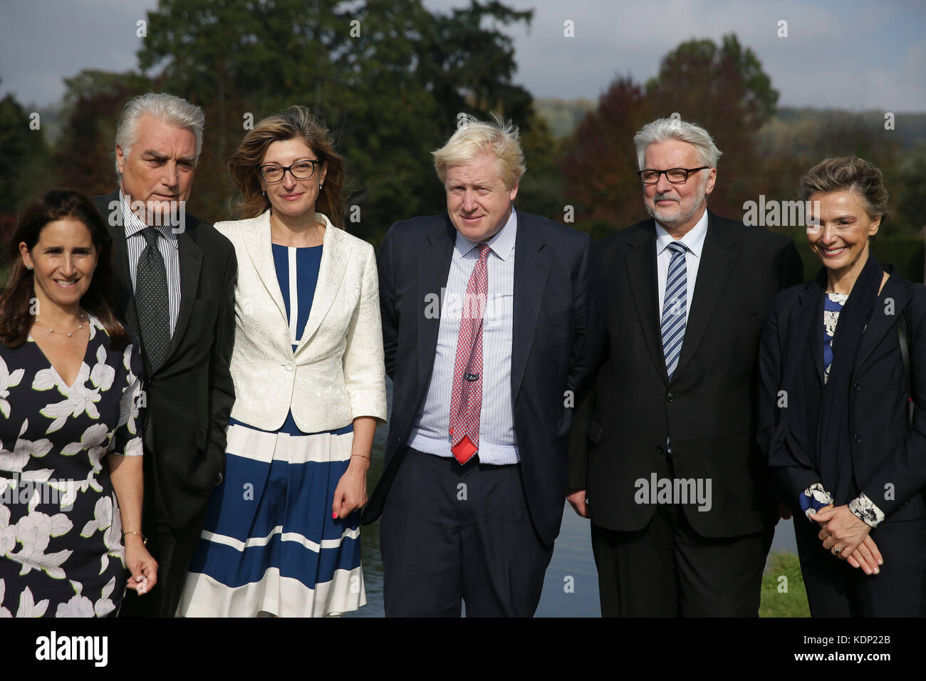 (left to right) Lawyer and Johnson's wife Marina Wheeler, Slovenia's State Secretary at the Ministry of Foreign Affairs Andrej Logar, Bulgaria's Foreign Minister Ekaterina Zakharieva, Foreign Secretary Boris Johnson, Poland's Foreign Minister Witold Waszczykowski and Croatia's Deputy Prime Minister and Foreign Minister Marija Pejcinovic Buric in the grounds as Johnson hosts a lunch with European Foreign Ministers at his official residence, Chevening House, in Sevenoaks, Kent. Stock Photo