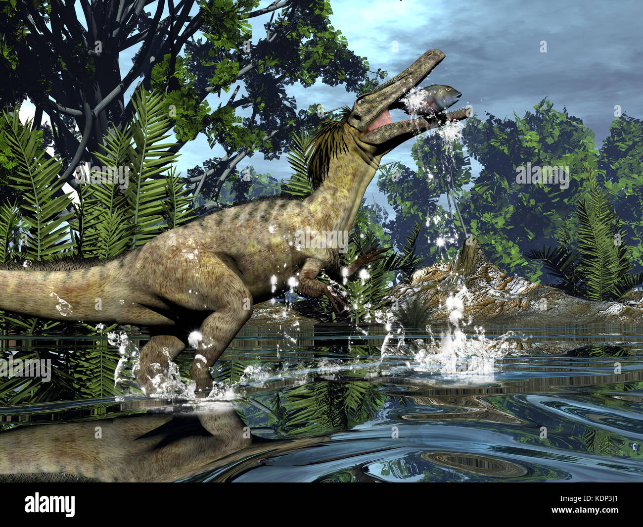 Austroraptor dinosaur fishing in a river next to gingko trees -3D render Stock Photo