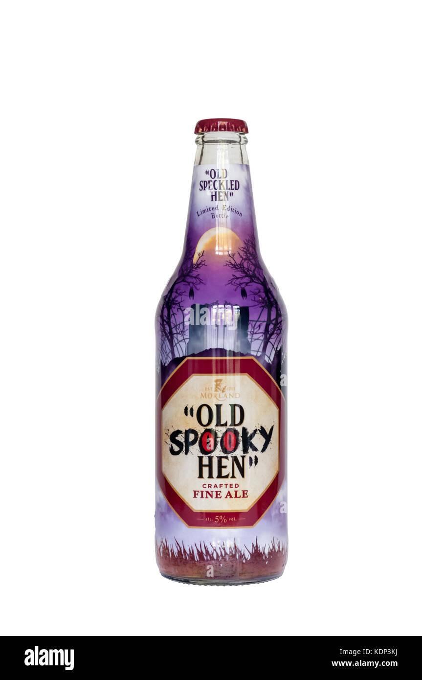 A Special Edition Halloween themed bottle of Old Speckled Hen beer, marketed as Old Spooky Hen. Stock Photo