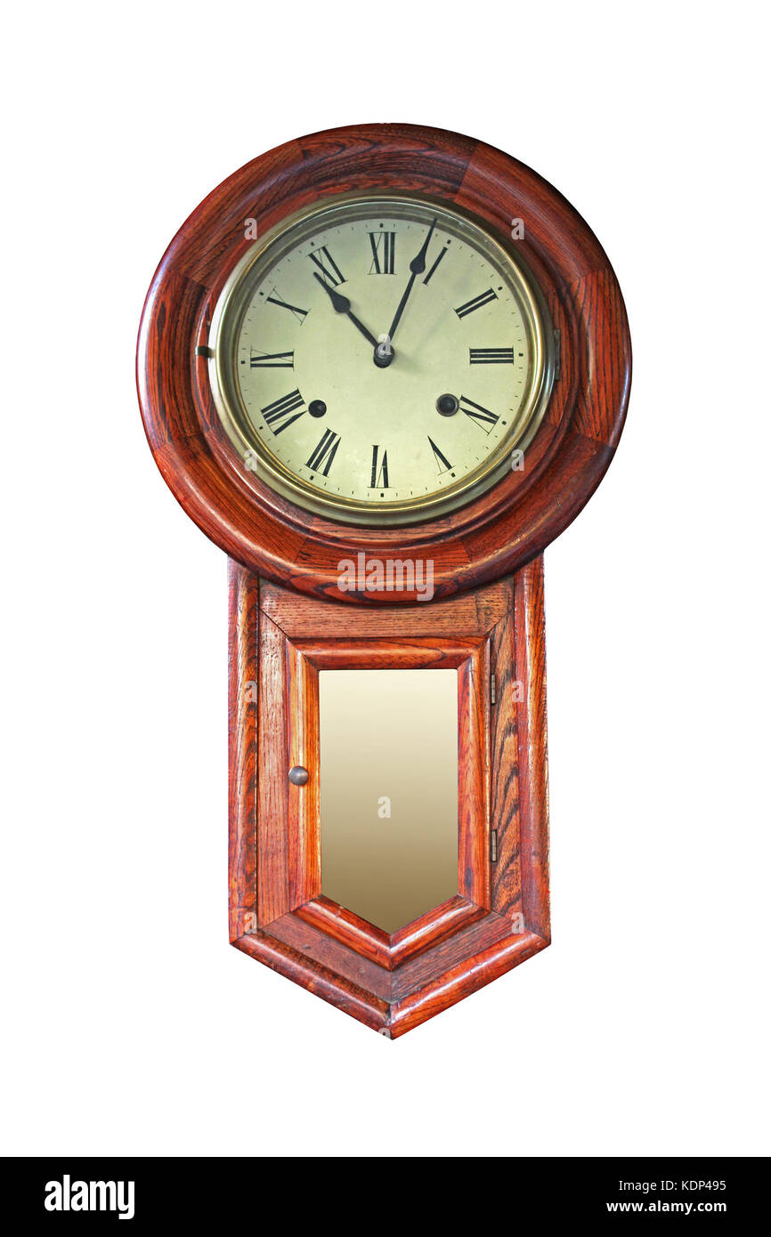 Vintage wall wooden clock isolated with clipping path included Stock