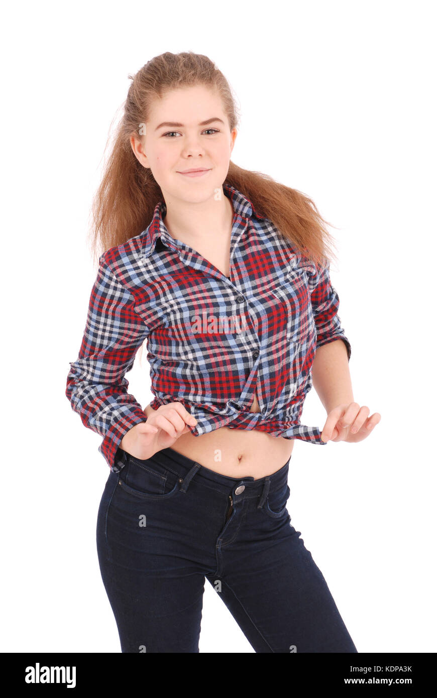 Portrait of a happy pretty girl in plaid shirt isolated on white background Stock Photo