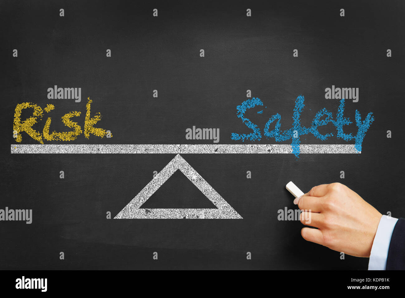 risk and security safety equilibrium concept on blackboard Stock Photo
