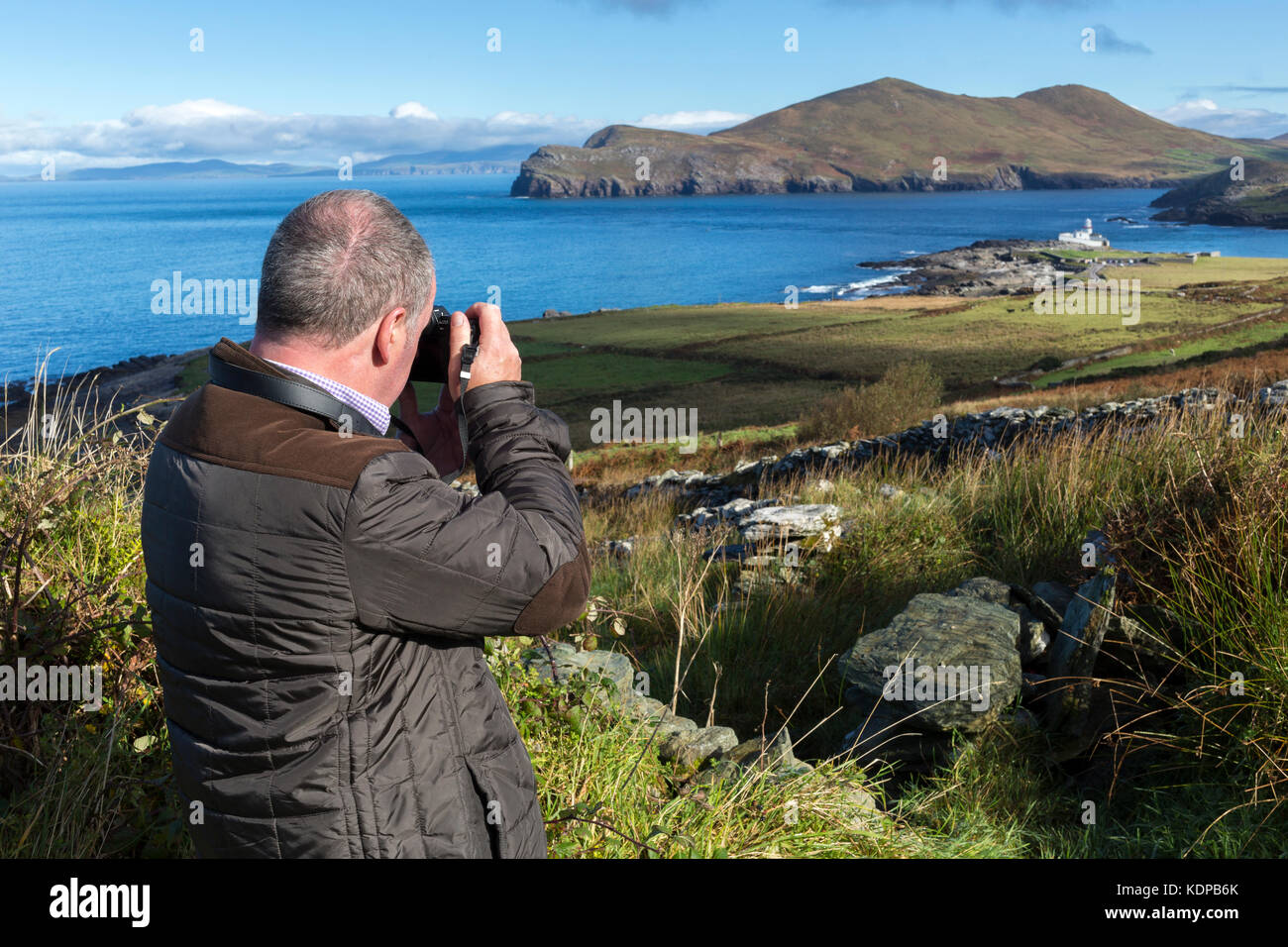 View down towards the lighthouse and Doulus Head on Valentia Island, County Kerry Ireland Stock Photo