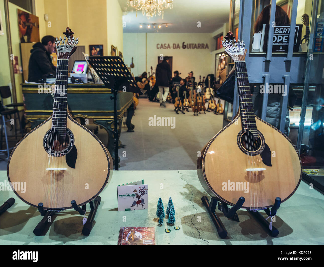Portuguese guitars in Casa da Guitarra music shop in Porto city on Iberian Peninsula, second largest city in Portugal Stock Photo