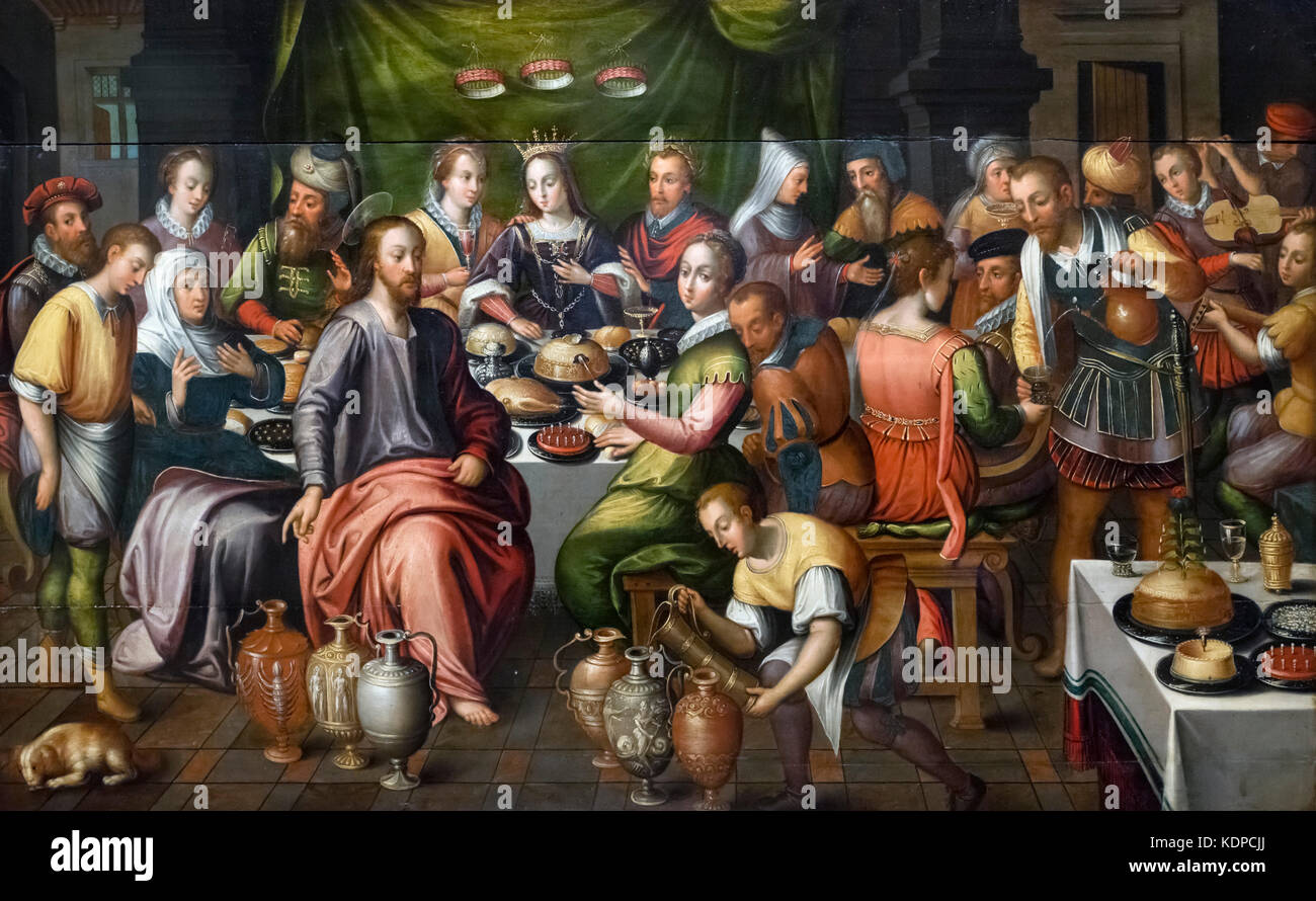 Wedding at Cana by anonymous southern Netherlandish artist , oil on panel, 17thC. The marriage at Cana was the site of Christ's miracle of turning water into wine. Stock Photo