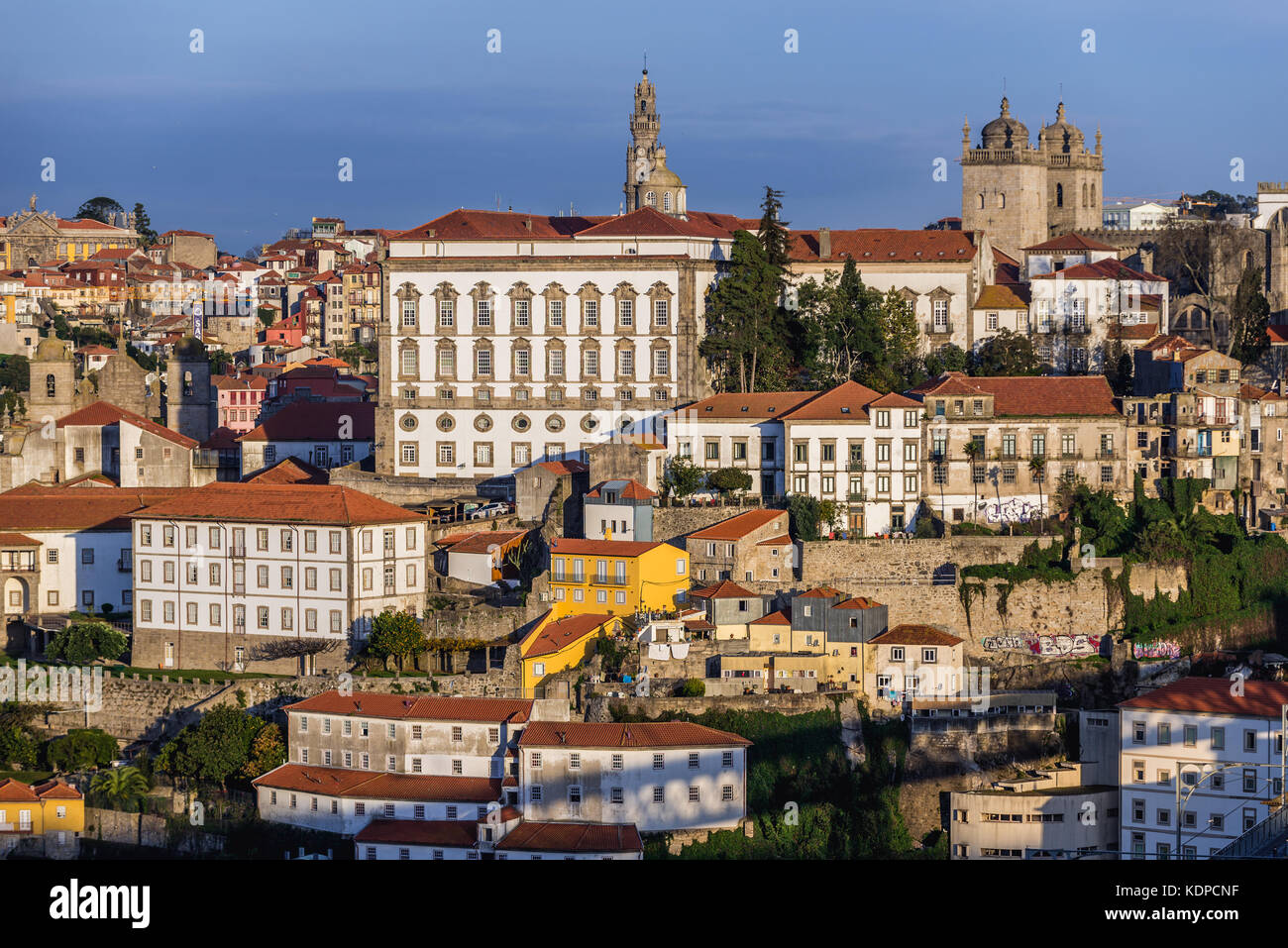 Bishop's Palace, Clerigos church tower and Se Cathedral in Porto city, second largest city in Portugal. View from Vila Nova de Gaia city Stock Photo