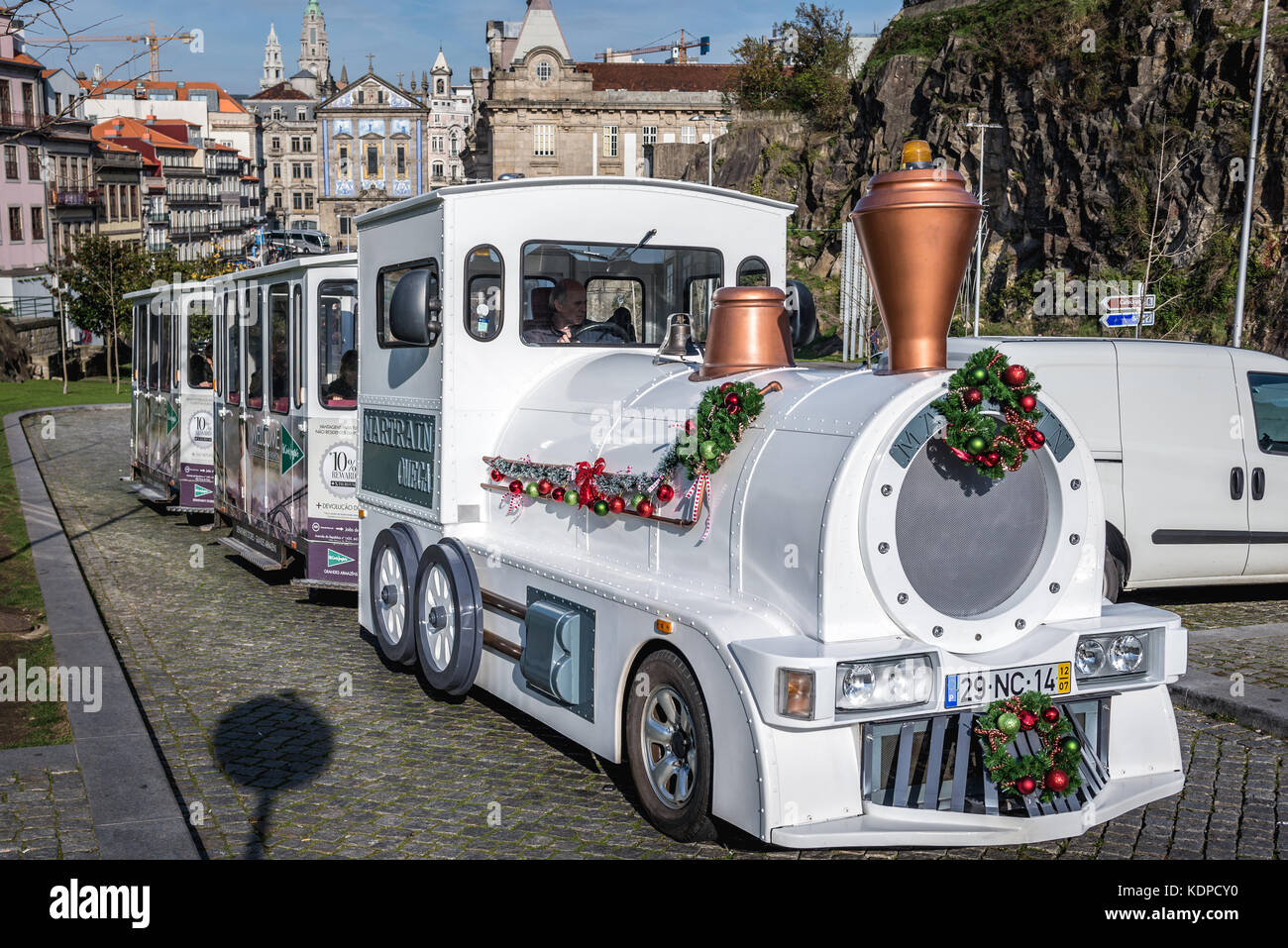 City Sightseeing Tourist Train on Dom Afonso Henriques avenue in Porto city on Iberian Peninsula, second largest city in Portugal Stock Photo