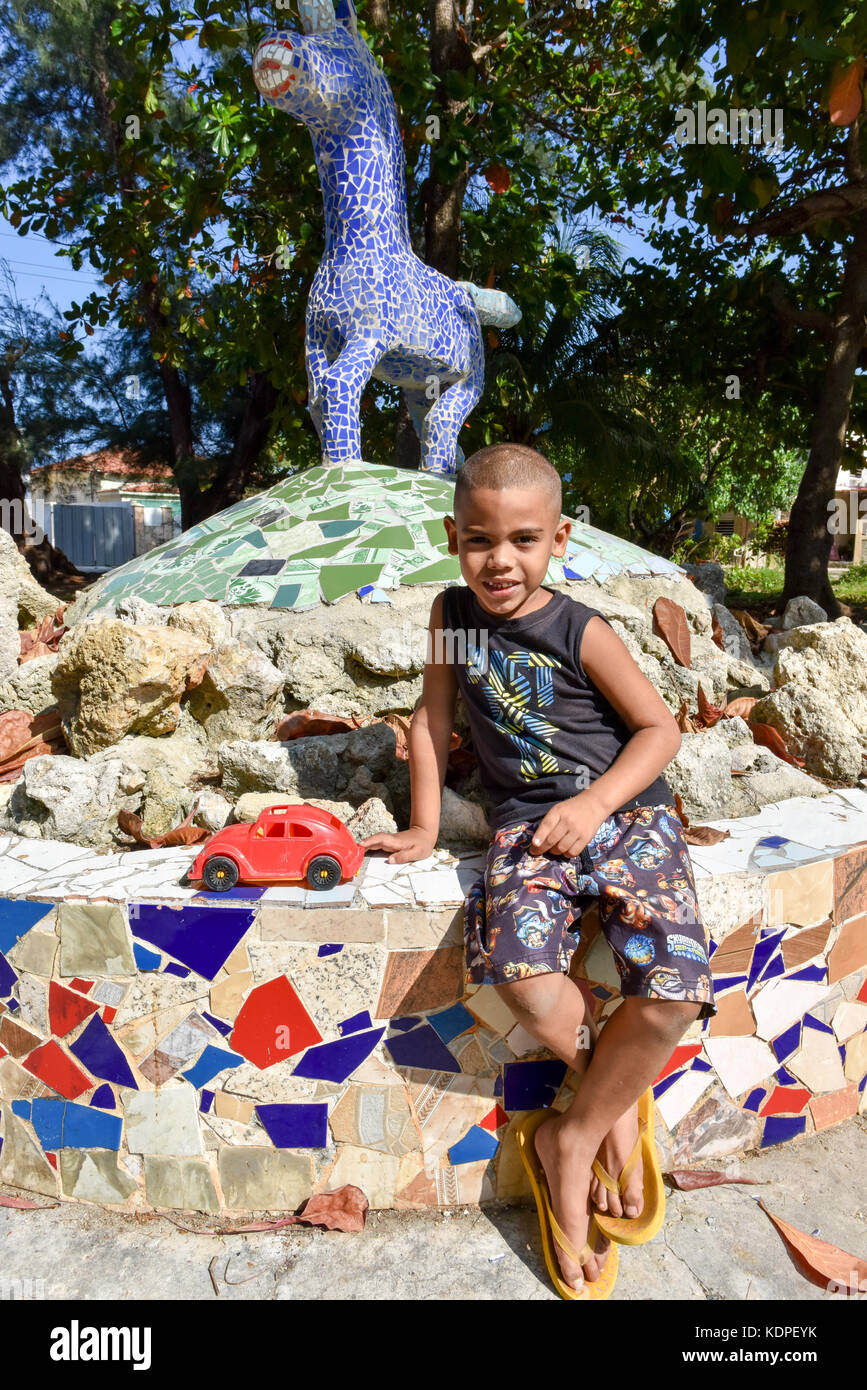 Portrait of a child in Fusterlandia, an art complex is named after its creator Jose Fuster was established in Jaimanitas, an economically depressed area close to Havana Cuba Stock Photo