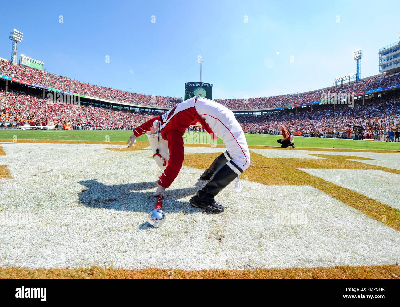 October 14, 2017 Oklahoma's first woman Drum Major Julie Siberts warms