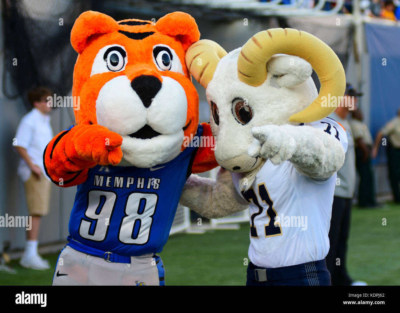 Memphis, Tennessee, USA. 14th Oct, 2017. TN, USA; Memphis Tigers Mascot and  the NAVY Midshipmen mascot perform together for the crowd during an NCAA  football game at the Liberty Bowl Memorial Stadium