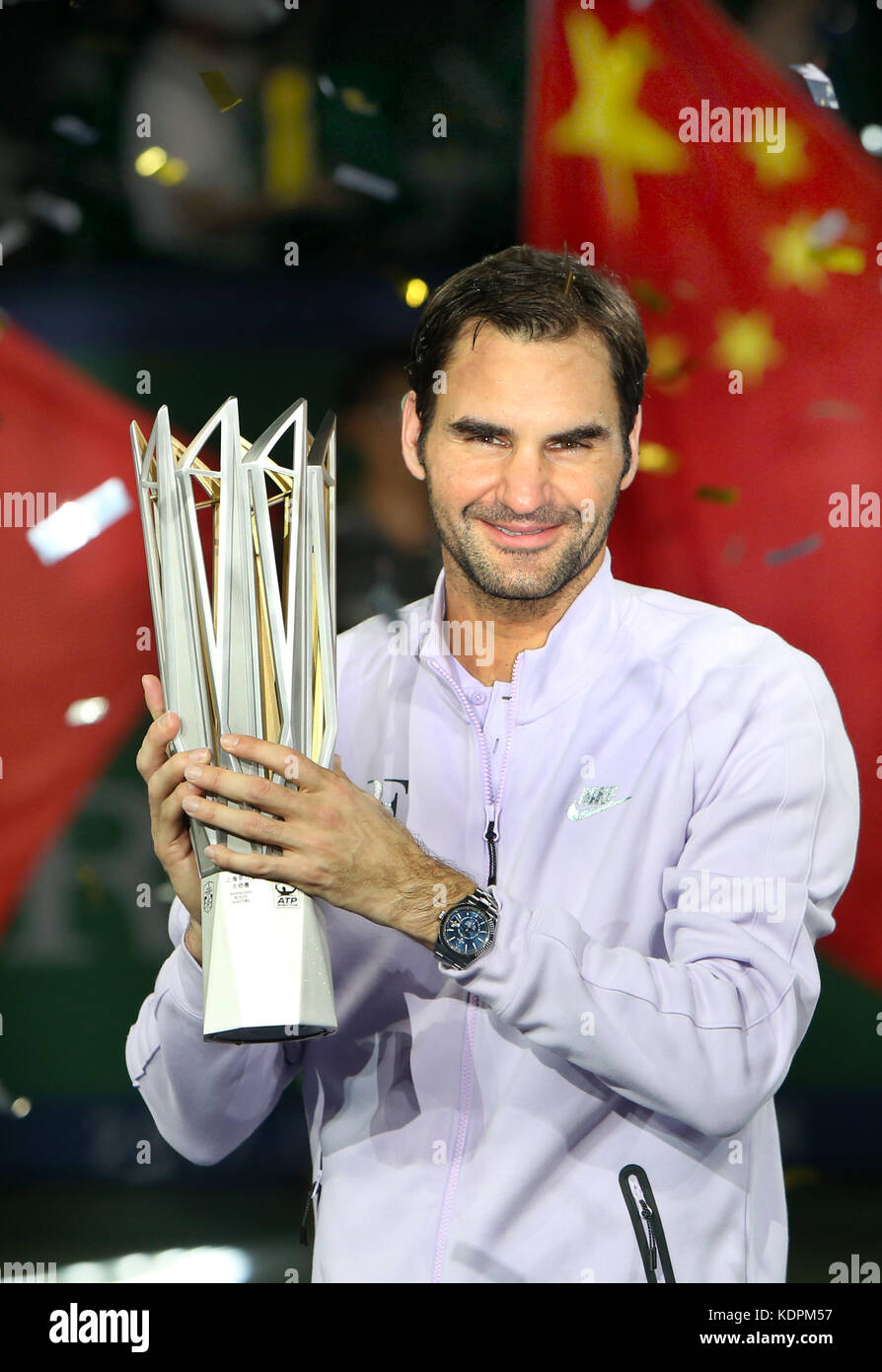 Shanghai, China. 15th Oct, 2017. Roger Federer of Switzerland poses with  the trophy after winning the singles final match against Rafael Nadal of  Spain at 2017 ATP Shanghai Masters tennis tournament in