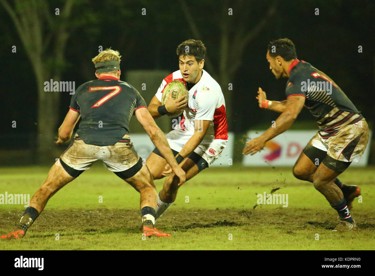 Colombo, Sri Lanka. 15th Oct, 2017. Japan player is tackled by Hong Kong  Player during the Asia Rugby Sevens 2017  match between Japan and Hong Kong at Racecourse International Rugby Stadium Colombo on 15 October 2017 in Sri Lanka. Credit: Vimukthi Embuldeniya/Alamy Live News Stock Photo