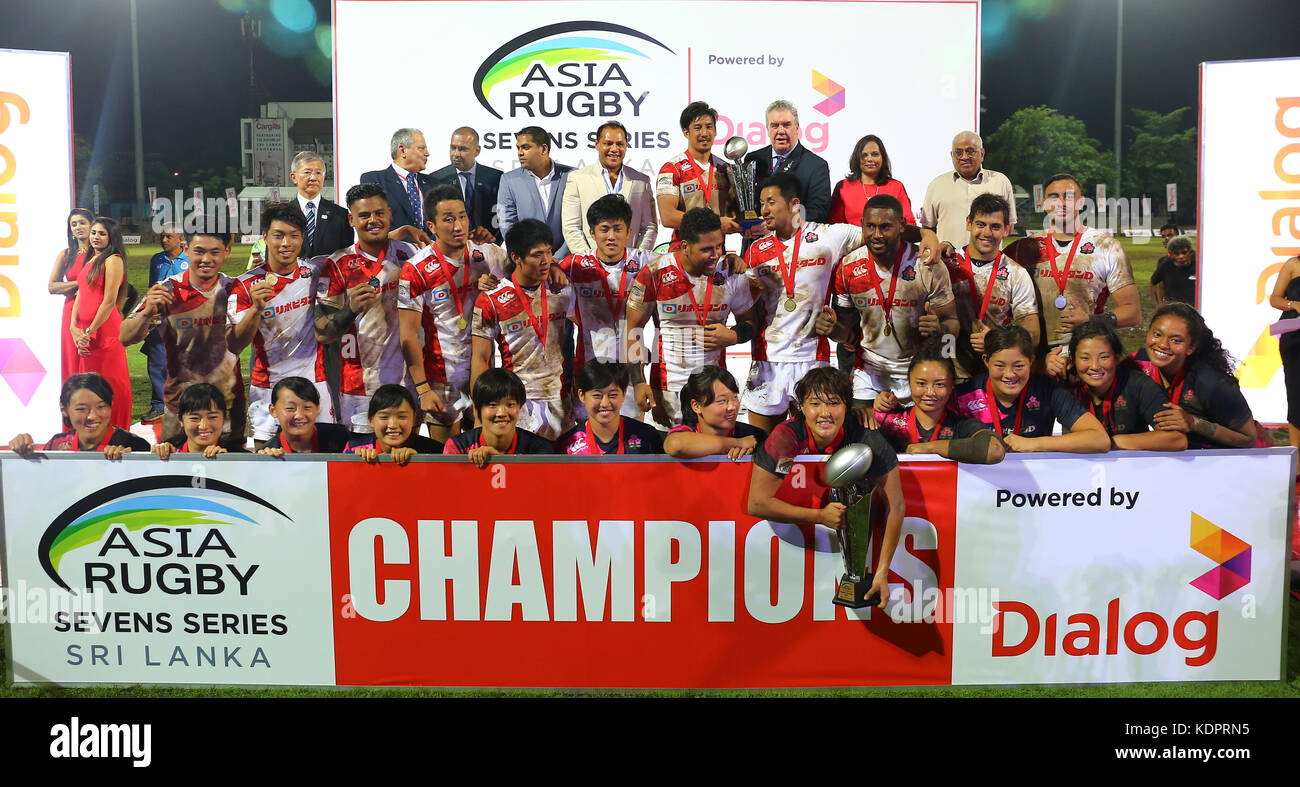 Colombo, Sri Lanka. 15th Oct, 2017. Asia Rugby Sevens Series 2017 wining team celibrating their achivement during the Asia Rugby sevens 2017 at Racecourse International Rugby Stadium colombo,Sri Lanka. Credit: Vimukthi Embuldeniya/Alamy Live News Stock Photo