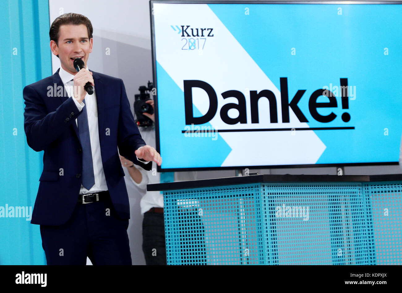 Vienna, Austria. 15th Oct, 2017. Sebastian Kurz, leader of the Austrian People's Party (OVP), addresses a celebration event in Vienna, capital of Austria, on Oct. 15, 2017. Sebastian Kurz, leader of the Austrian People's Party (OVP), has declared victory after projections showed his party would win the most seats in the 183-seat parliament by receiving 31.7 percent of votes in Sunday's election. Credit: Pan Xu/Xinhua/Alamy Live News Stock Photo