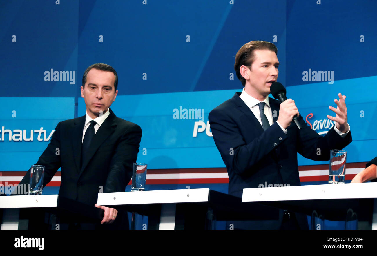 Vienna, Austria. 15th Oct, 2017. Sebastian Kurz (R), leader of the Austrian People's Party (OVP), addresses a televised event in Vienna, capital of Austria, on Oct. 15, 2017. Sebastian Kurz, leader of the Austrian People's Party (OVP), has declared victory after projections showed his party would win the most seats in the 183-seat parliament by receiving 31.7 percent of votes in Sunday's election. Credit: Pan Xu/Xinhua/Alamy Live News Stock Photo