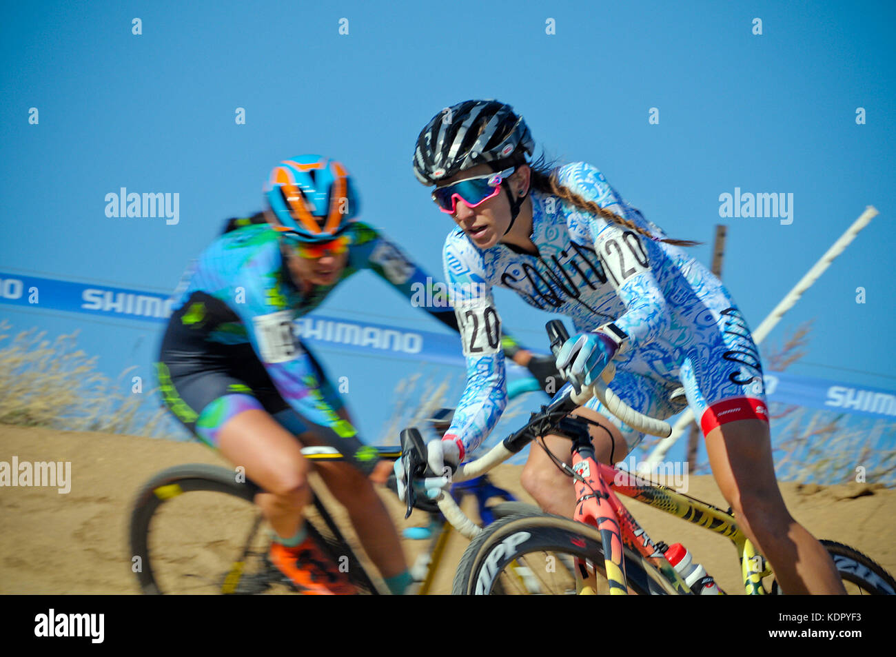 October 14, 2017 - Women's elite cyclists need total concentration to navigate the steep and twisting turns of the cork screw section of the U.S. Open of Cyclocross, Valmont Bike Park, Boulder, Colorado. Stock Photo