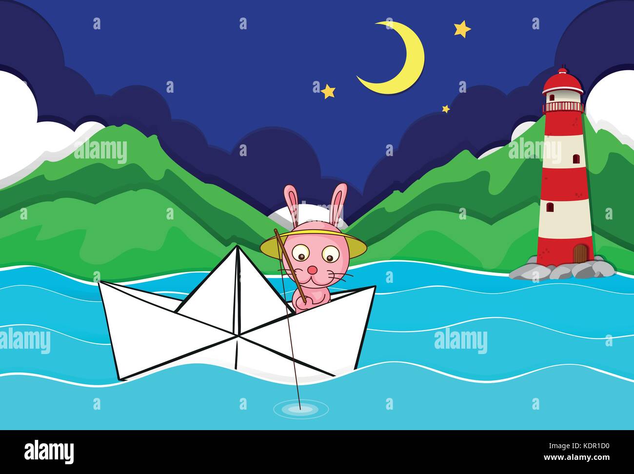 River scene with rabbit fishing on paperboat illustration Stock Vector ...