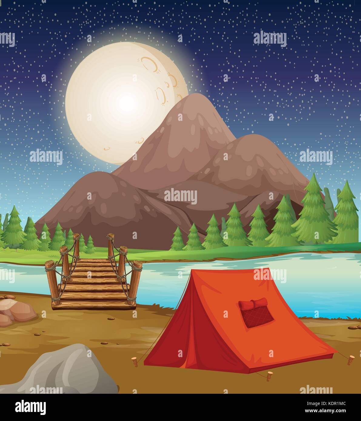 Camping ground with tent by the river at night illustration Stock ...