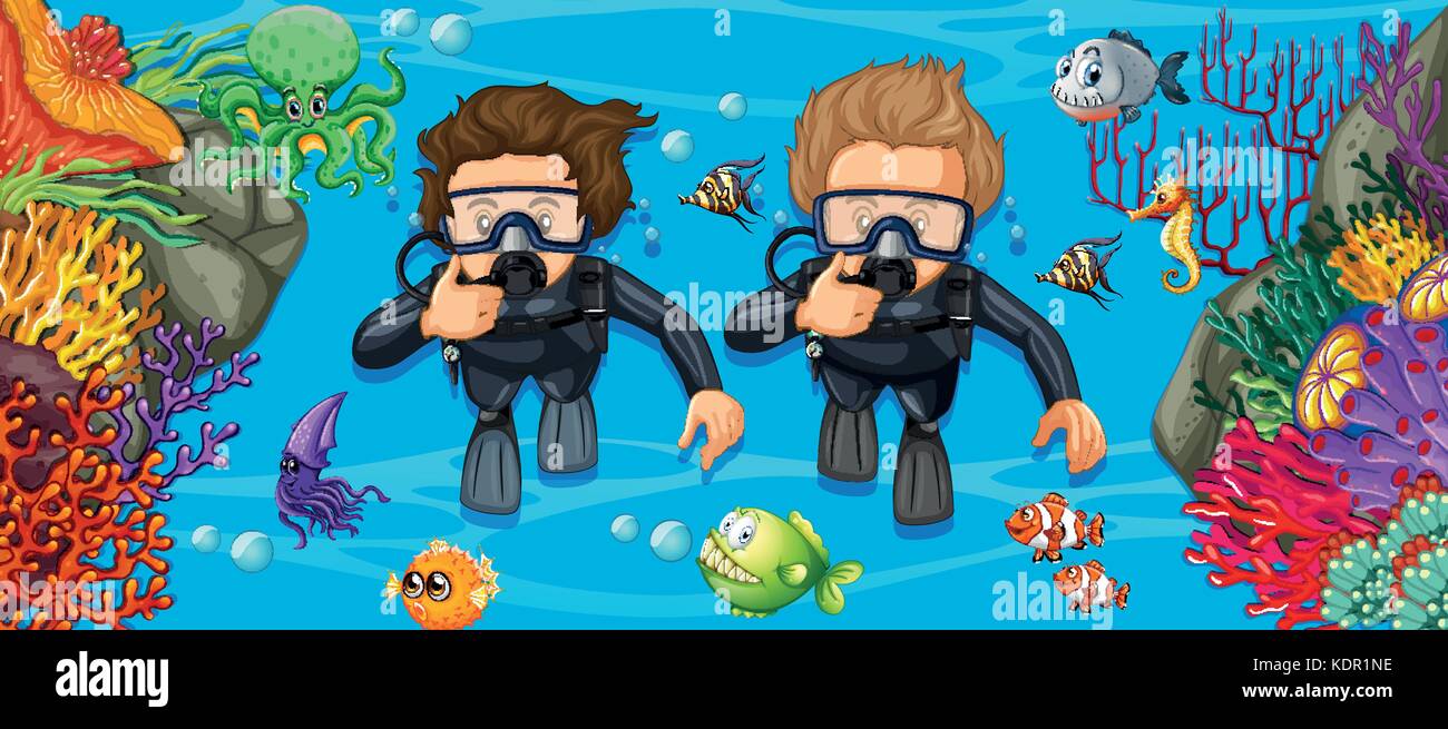 Scuba divers in the deep blue sea illustration Stock Vector