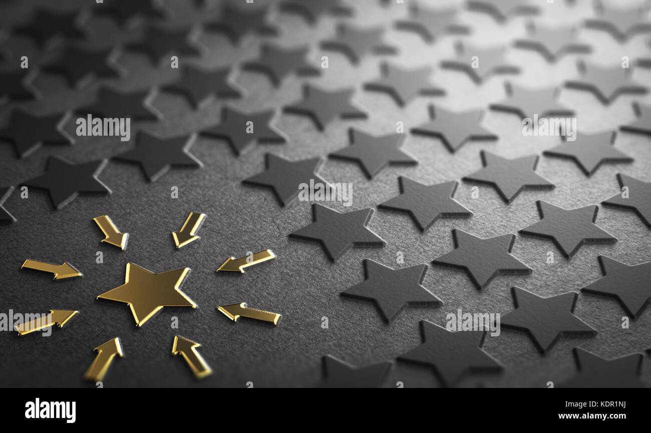 Many stars in relief on paper background with focus on a golden one. Concept of case study or focus. 3D illustration Stock Photo