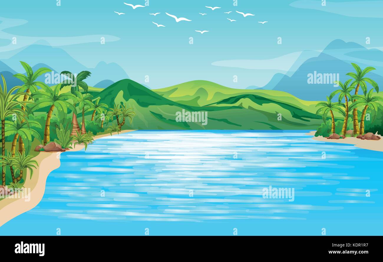 River scene with trees and mountains illustration Stock Vector Image ...
