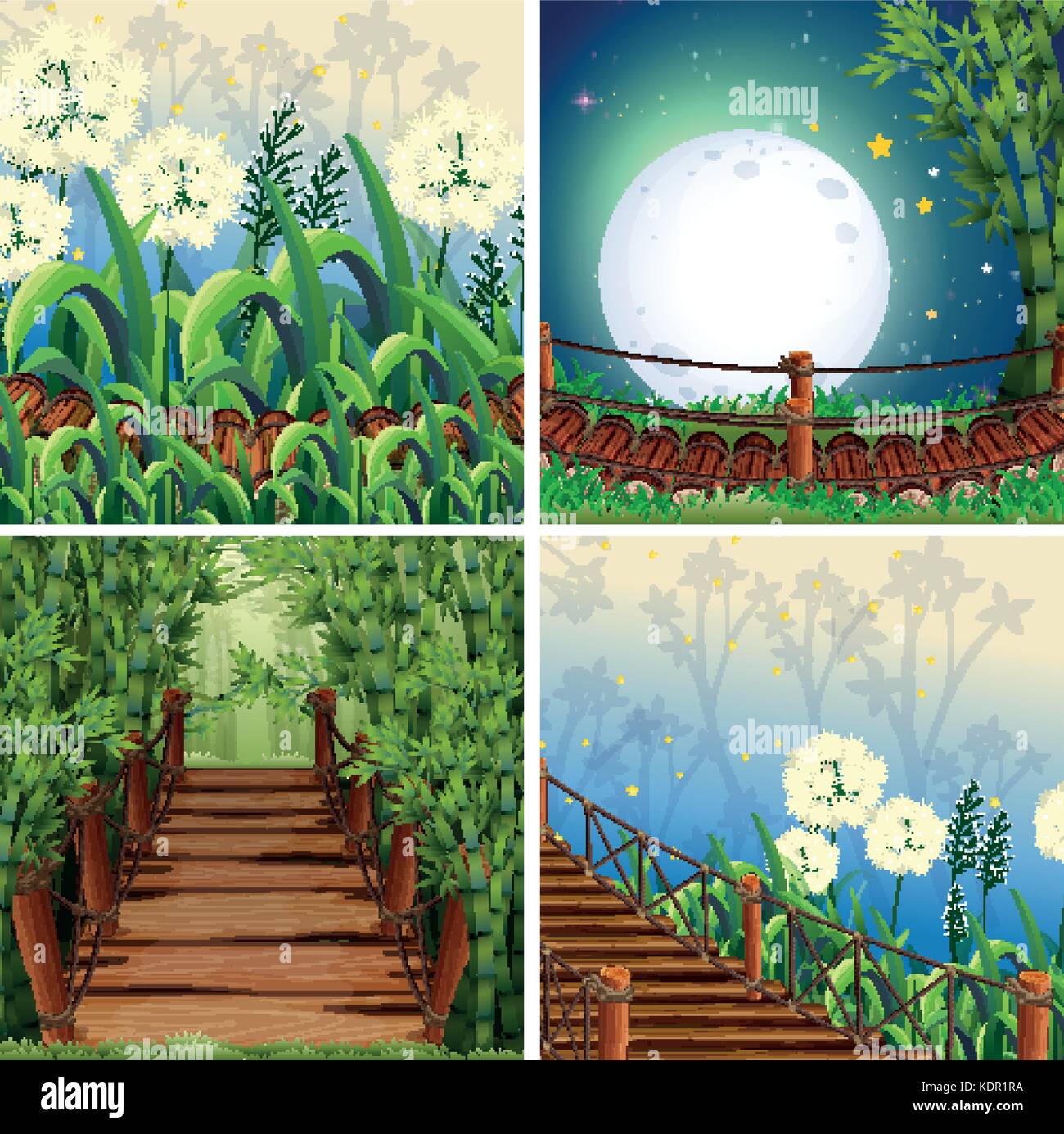 Four nature scenes with wooden bridge illustration Stock Vector Image ...